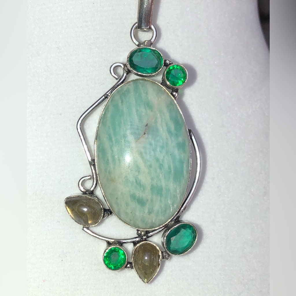 Aquamarine, Labradorite & Green Quartz Gemstones In Sterling Silver Pendant